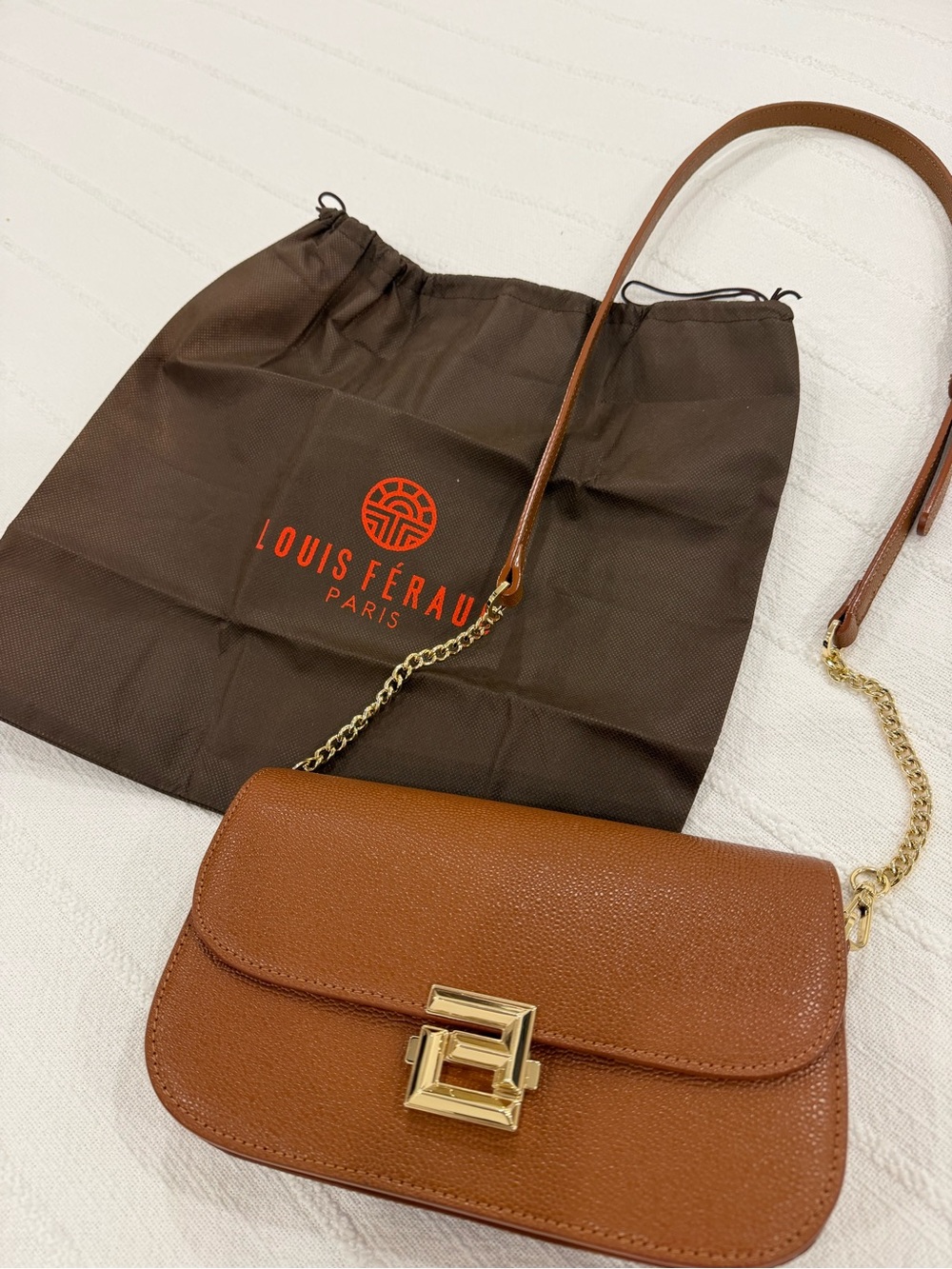 Louis Feraud Cognac Leather Crossbody with Gold-Tone Clasp